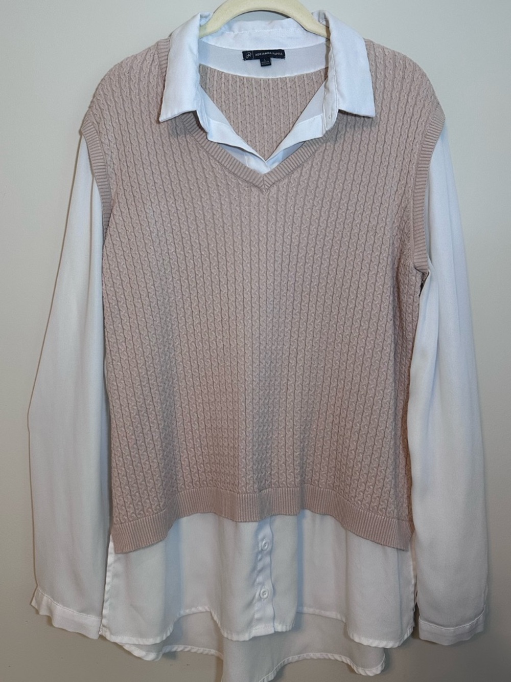 Adrianna Papell Womens Camel Cable-Knit Sweater Vest Layered White Blouse Size L